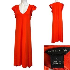 Ann Taylor maxi dress L orange flutter sleeve full length office business casual